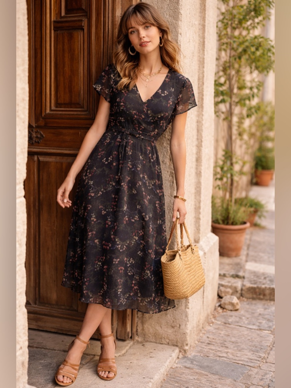 Floral V-Neck Black Midi Dress